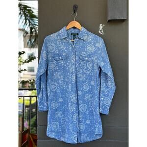 Lauren Ralph Lauren Small Cotton Chambray White Western Floral Voile Shirt Dress